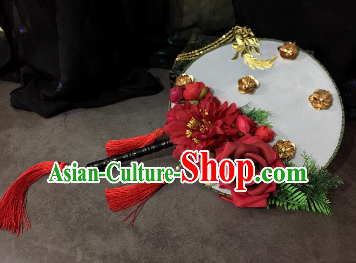 Chinese Ancient Wedding Accessories Traditional Red Peony Palace Fans for Women