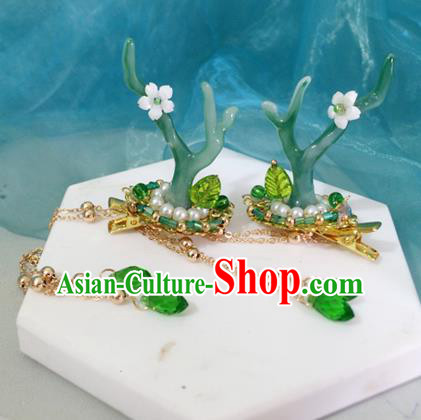 Chinese Ancient Hanfu Tassel Hair Accessories Traditional Green Dragon Horn Hair Claws Hairpins for Women