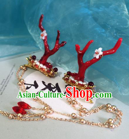 Chinese Ancient Hanfu Tassel Hair Accessories Traditional Red Dragon Horn Hair Claws Hairpins for Women