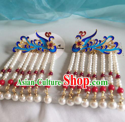 Chinese Ancient Hanfu Hair Accessories Traditional Blueing Phoenix Pearls Tassel Hair Claws Hairpins for Women