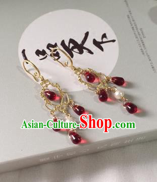Chinese Ancient Hanfu Jewelry Accessories Traditional Red Crystal Earrings for Women