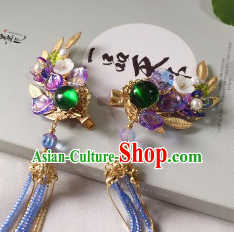 Chinese Ancient Hanfu Hair Accessories Traditional Green Coloured Glaze Hair Claws Tassel Hairpins for Women