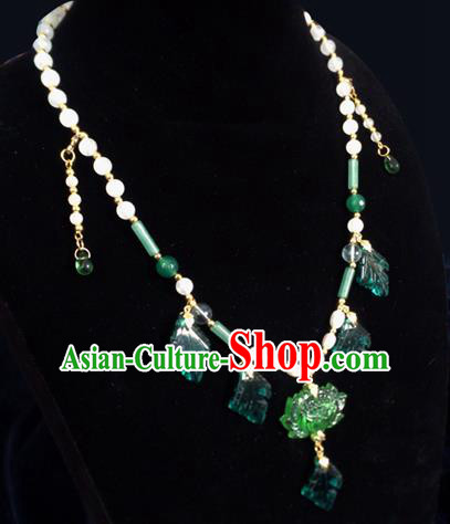 Chinese Ancient Hanfu Jewelry Accessories Traditional Tassel Green Lotus Necklace for Women