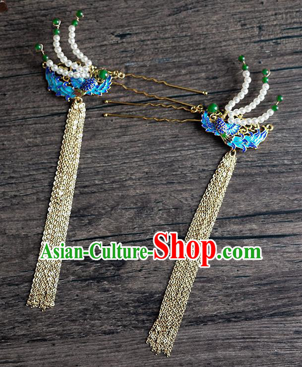 Chinese Ancient Hanfu Hair Accessories Traditional Wedding Blueing Phoenix Golden Tassel Hairpins for Women