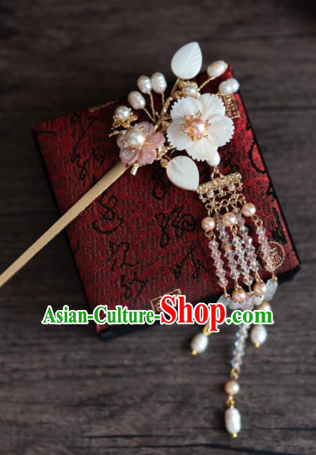 Chinese Ancient Hanfu Hair Accessories Traditional Wedding Shell Flowers Tassel Hairpins for Women