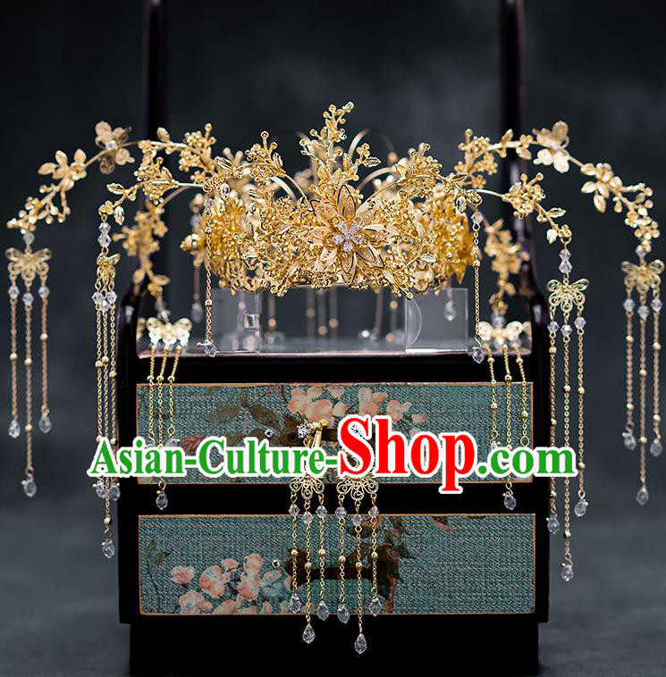 Chinese Ancient Hanfu Hair Accessories Traditional Wedding Golden Phoenix Coronet Hairpins for Women