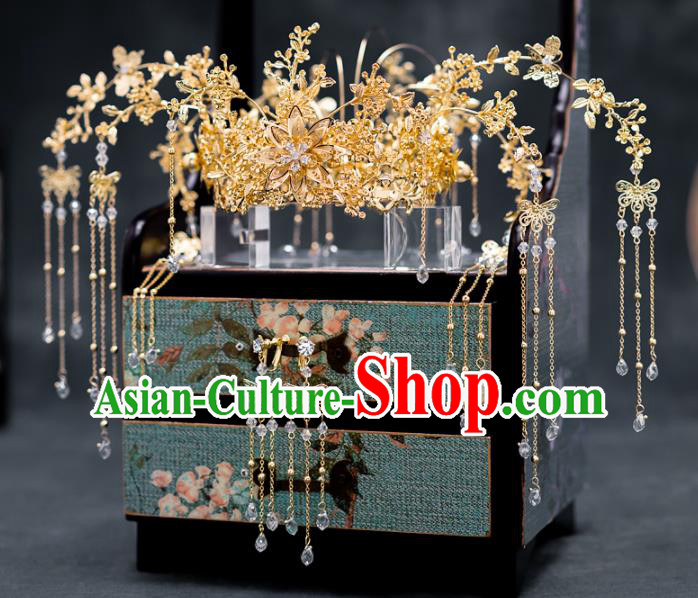 Chinese Ancient Hanfu Hair Accessories Traditional Wedding Golden Phoenix Coronet Hairpins for Women