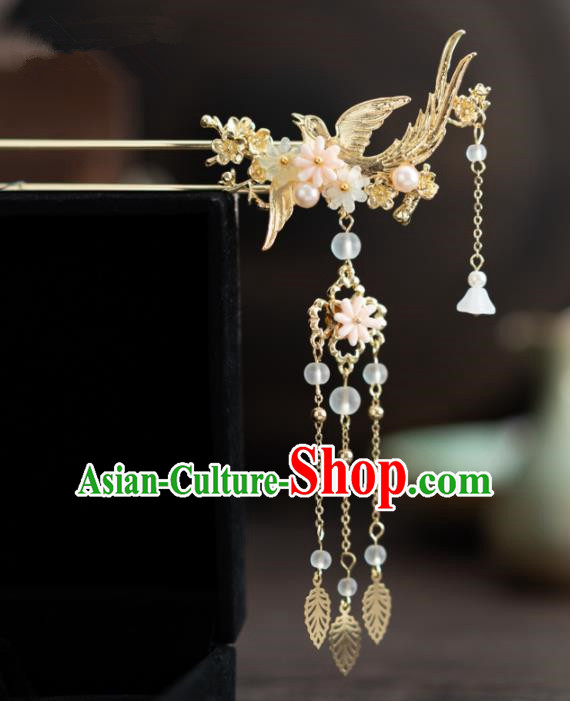 Chinese Ancient Hanfu Wedding Hair Accessories Traditional Golden Bird Tassel Hairpins for Women