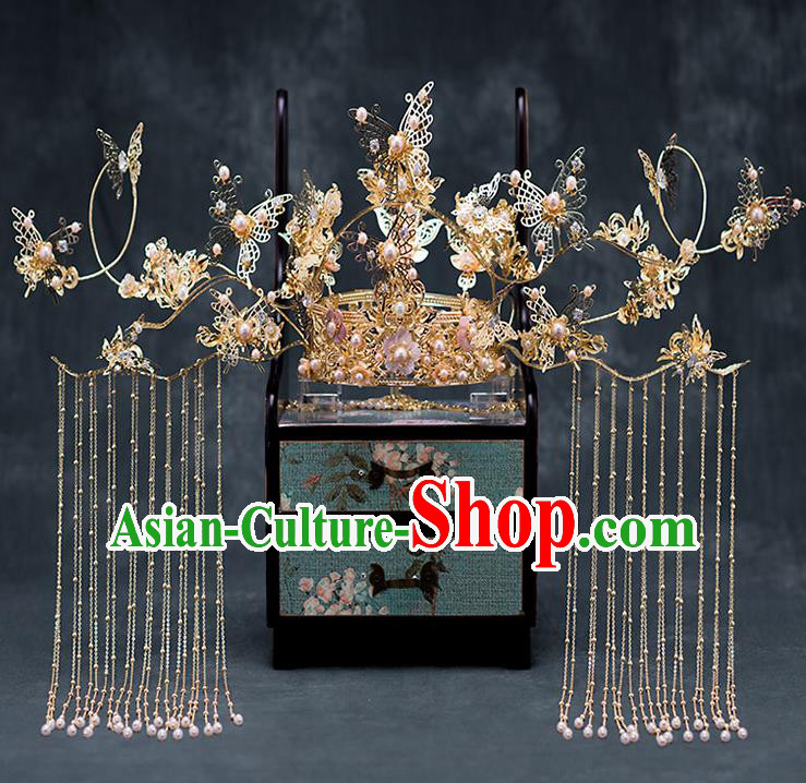 Chinese Ancient Hanfu Wedding Hair Accessories Traditional Golden Butterfly Tassel Phoenix Coronet Hairpins for Women