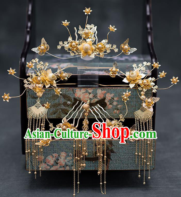 Chinese Ancient Hanfu Hair Accessories Traditional Wedding Golden Butterfly Hair Comb Hairpins for Women