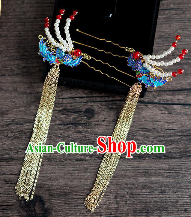 Chinese Ancient Hanfu Hair Accessories Traditional Wedding Blueing Phoenix Tassel Hairpins for Women