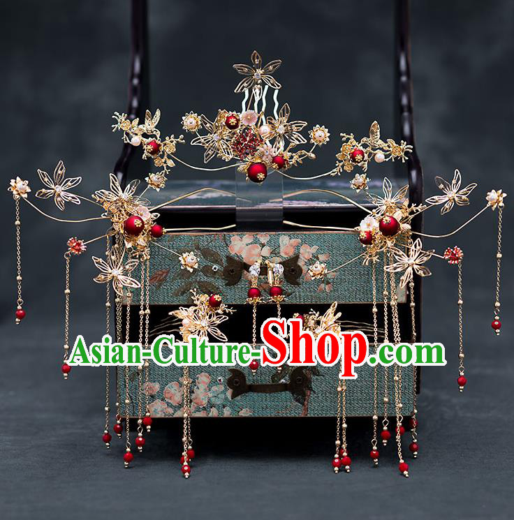 Chinese Ancient Hanfu Wedding Hair Accessories Traditional Bride Tassel Hairpins Hair Combs for Women