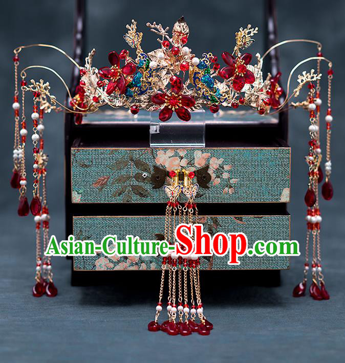 Chinese Ancient Wedding Hair Accessories Traditional Bride Hanfu Tassel Hairpins Blueing Phoenix Coronet for Women