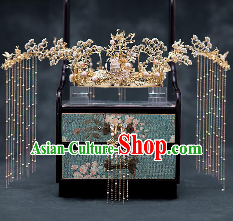 Chinese Ancient Wedding Hair Accessories Traditional Bride Hanfu Hairpins Golden Pineburst Phoenix Coronet for Women