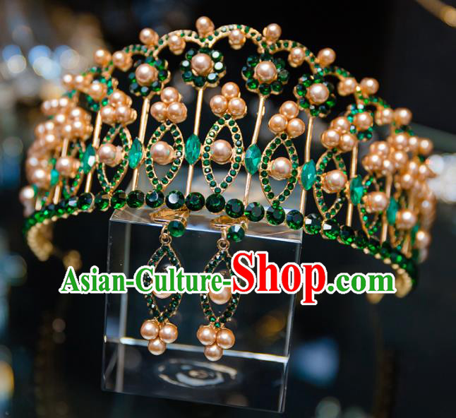 Handmade Baroque Hair Accessories Princess Wedding Green Gem Pearls Royal Crown for Women