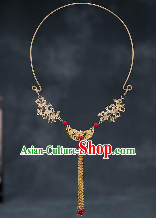 Chinese Ancient Bride Hanfu Jewelry Accessories Traditional Golden Tassel Necklace for Women