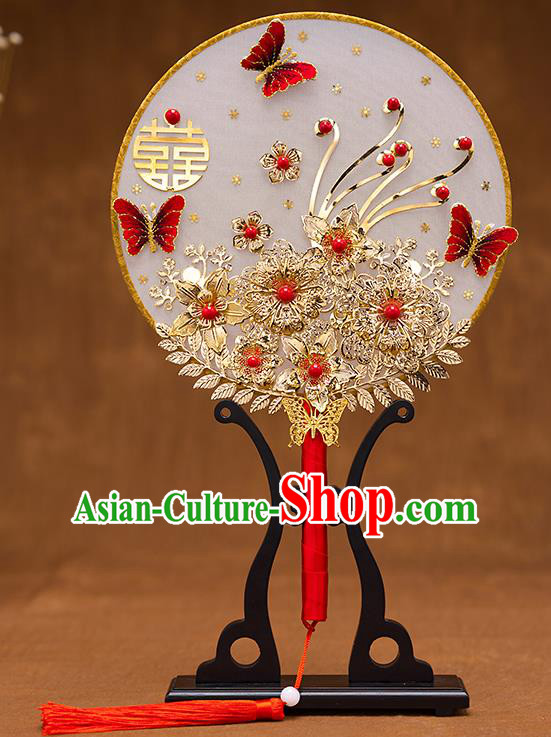 Chinese Ancient Bride Accessories Traditional Wedding Classical Red Butterfly Palace Fans for Women