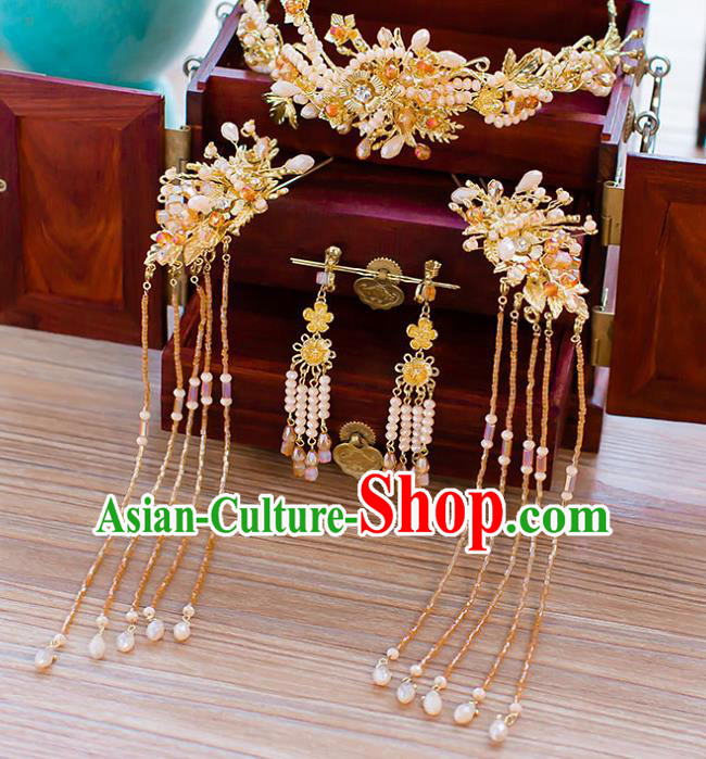 Chinese Ancient Wedding Beads Phoenix Coronet Hair Accessories Traditional Hanfu Tassel Hairpins for Women