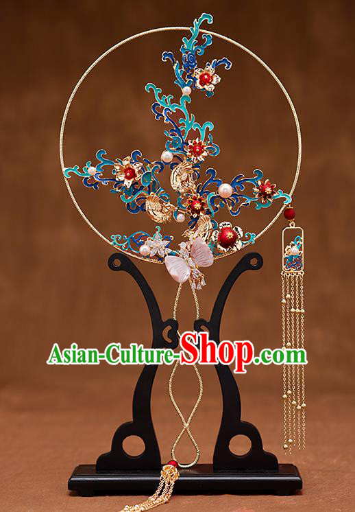 Chinese Ancient Bride Accessories Traditional Wedding Classical Blueing Palace Fans for Women