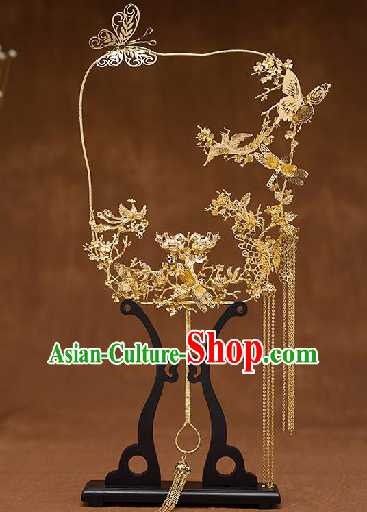 Chinese Ancient Bride Accessories Traditional Wedding Classical Golden Butterfly Palace Fans for Women