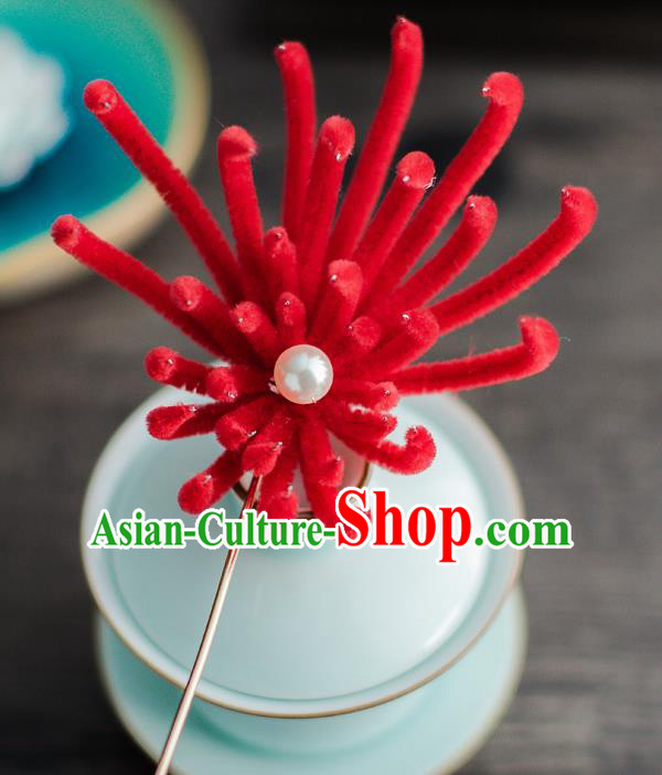 Chinese Ancient Queen Hair Accessories Traditional Hanfu Red Chrysanthemum Hairpins for Women