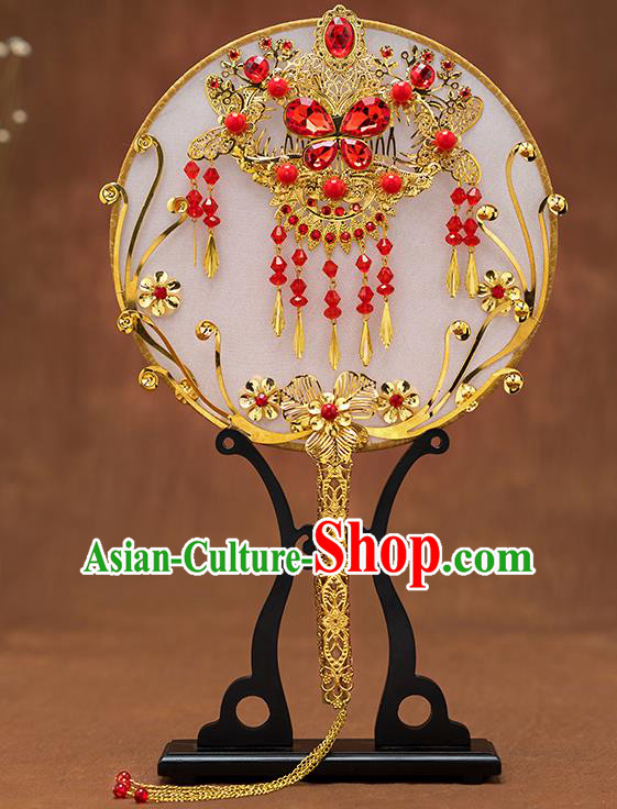 Chinese Ancient Bride Red Crystal Butterfly Round Fans Traditional Wedding Classical Palace Fans for Women