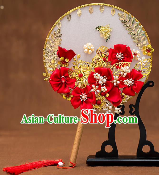Chinese Ancient Bride Red Flowers Round Fans Traditional Wedding Classical Palace Fans for Women