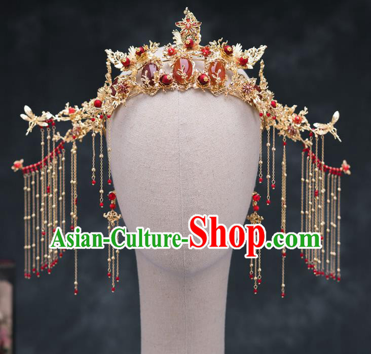 Chinese Ancient Bride Hair Accessories Wedding Agate Phoenix Coronet Traditional Hanfu Hairpins for Women