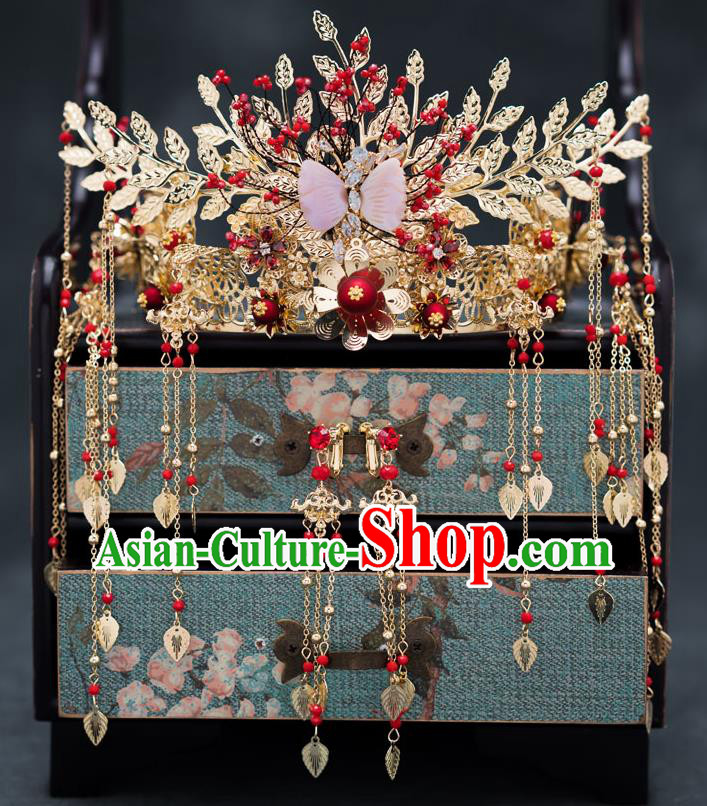 Chinese Ancient Bride Hair Accessories Wedding Golden Leaf Phoenix Coronet Traditional Hanfu Hairpins for Women