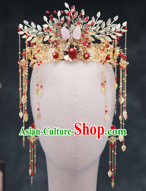 Chinese Ancient Bride Hair Accessories Wedding Golden Leaf Phoenix Coronet Traditional Hanfu Hairpins for Women