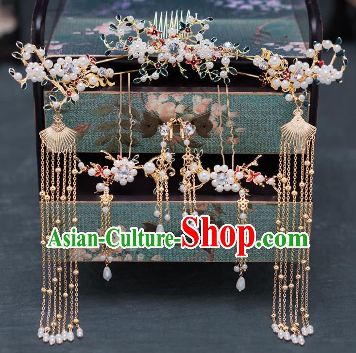 Chinese Ancient Bride Hair Accessories Wedding Hair Comb Traditional Hanfu Tassel Hairpins for Women