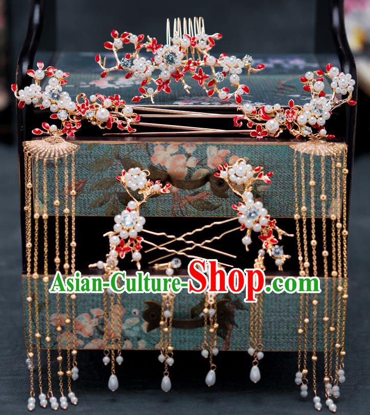 Chinese Ancient Bride Hair Accessories Traditional Wedding Red Hair Comb Hanfu Tassel Hairpins for Women