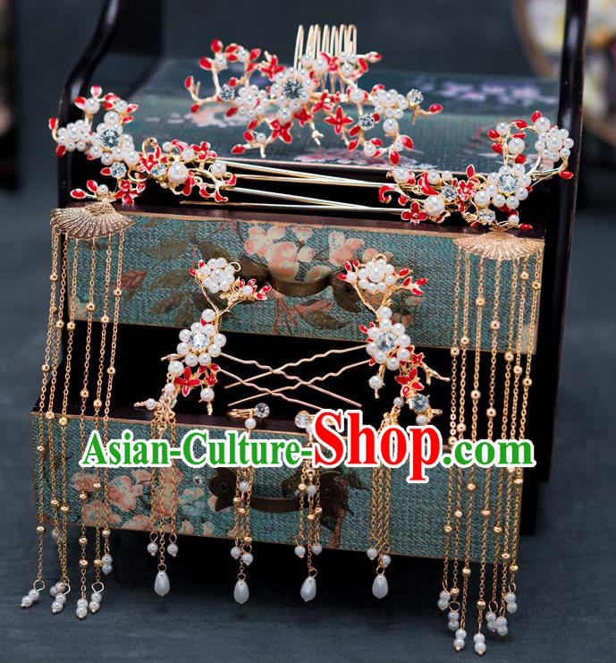 Chinese Ancient Bride Hair Accessories Traditional Wedding Red Hair Comb Hanfu Tassel Hairpins for Women