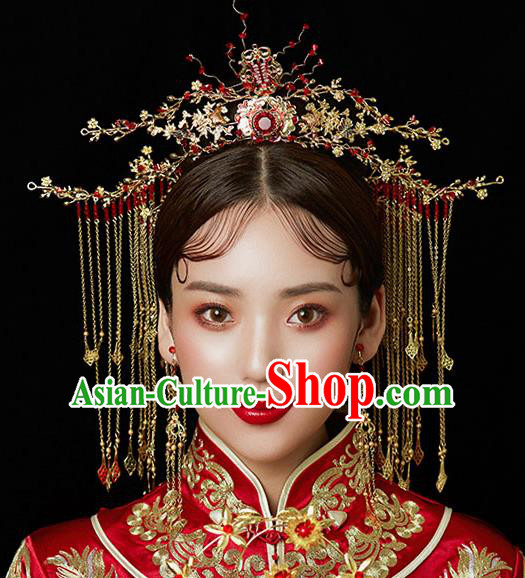 Chinese Ancient Wedding Red Crystal Phoenix Coronet Traditional Bride Palace Hair Accessories for Women