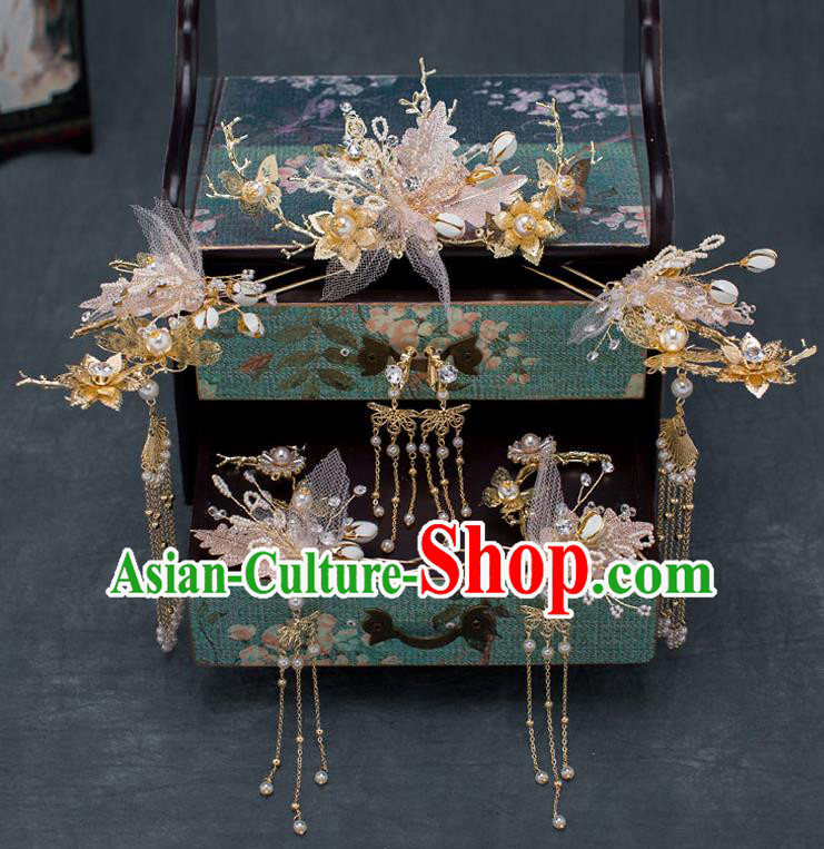 Chinese Ancient Wedding Pink Flowers Hairpins Traditional Bride Palace Hair Accessories for Women