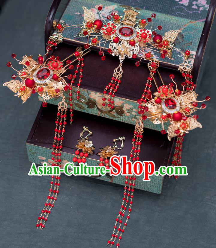 Chinese Ancient Wedding Red Crystal Hairpins Traditional Bride Palace Hair Accessories for Women