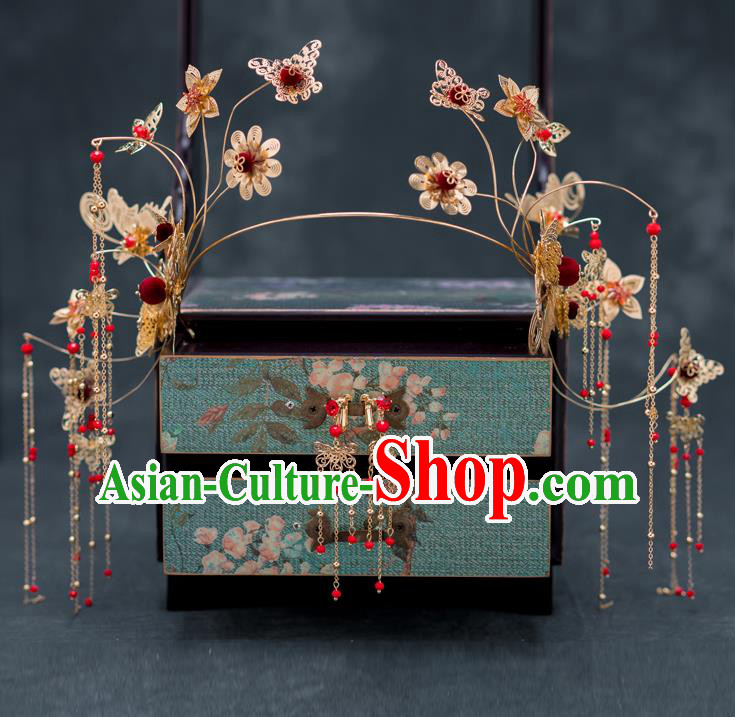 Chinese Ancient Wedding Butterfly Tassel Hair Clasp Hairpins Traditional Bride Palace Hair Accessories for Women