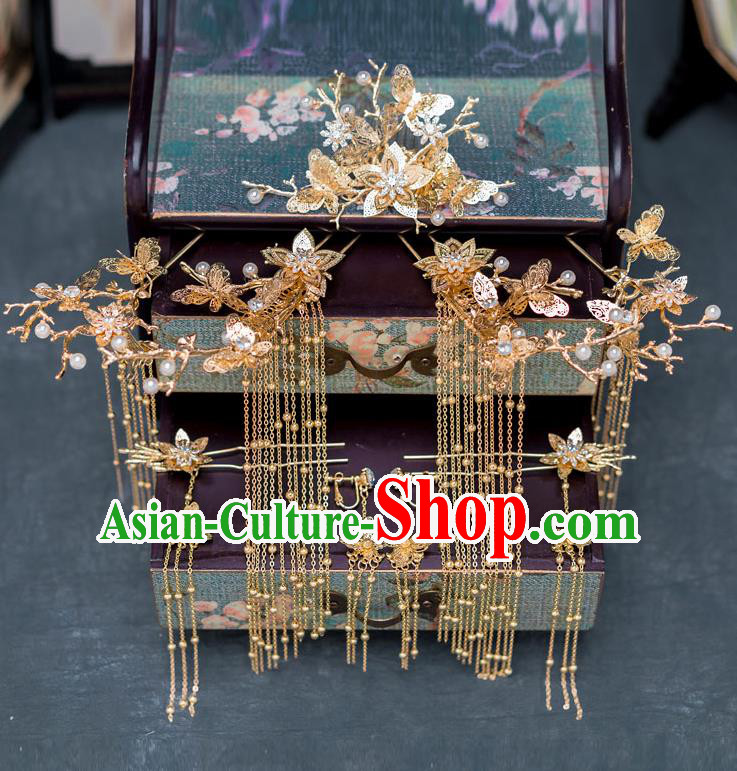 Chinese Ancient Wedding Golden Tassel Hairpins Traditional Bride Palace Hair Accessories for Women