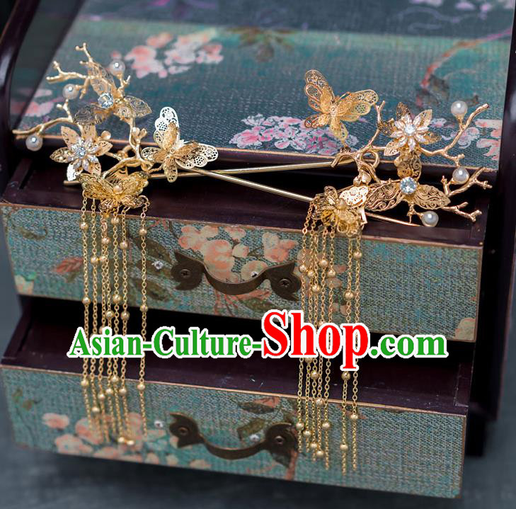 Chinese Ancient Wedding Golden Tassel Hairpins Traditional Bride Palace Hair Accessories for Women