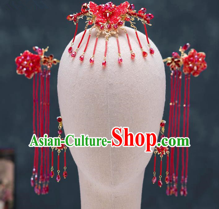 Chinese Ancient Palace Hair Accessories Tassel Hairpins Traditional Bride Red Butterfly Hair Clip for Women