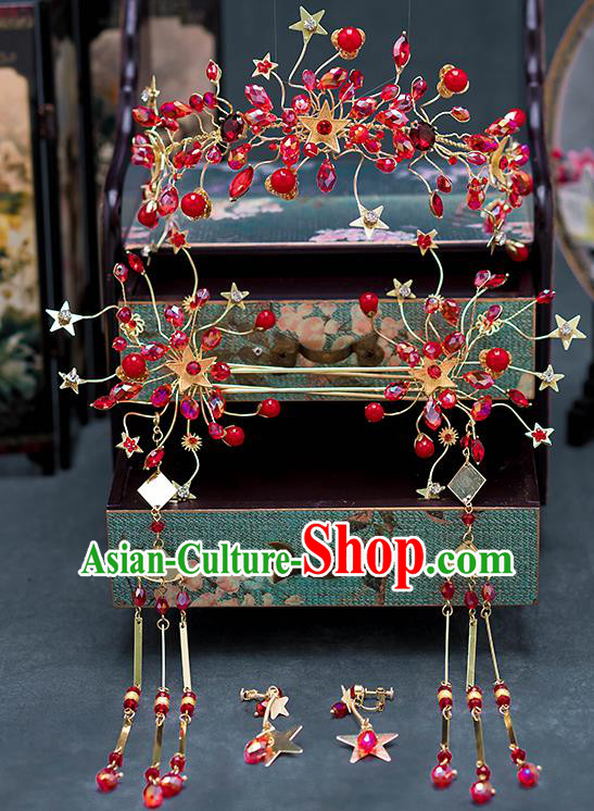 Chinese Ancient Palace Hair Accessories Tassel Hairpins Traditional Bride Red Hair Crown for Women