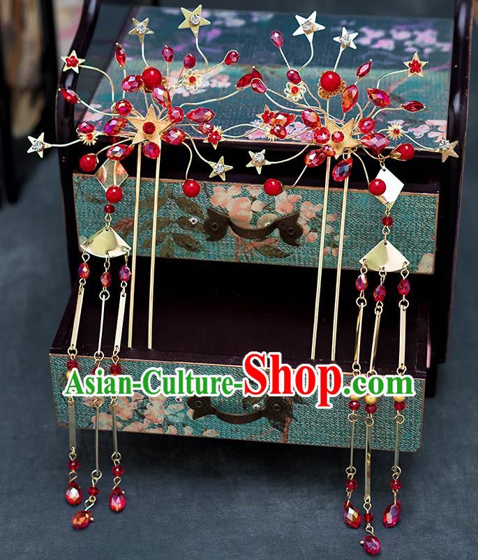 Chinese Ancient Palace Hair Accessories Tassel Hairpins Traditional Bride Red Hair Crown for Women