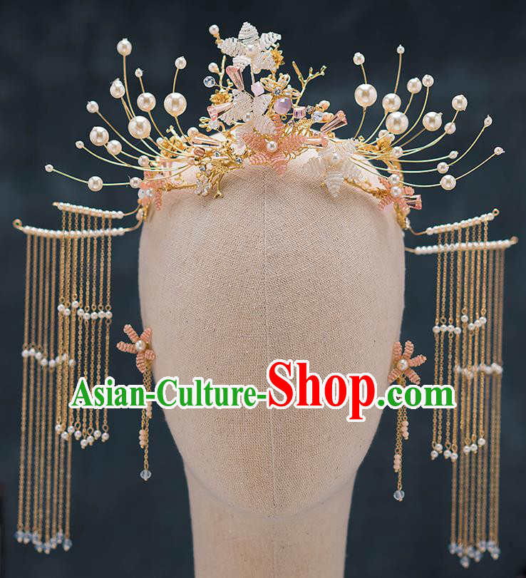 Chinese Ancient Palace Hair Accessories Hairpins Traditional Bride Tassel Phoenix Coronet for Women