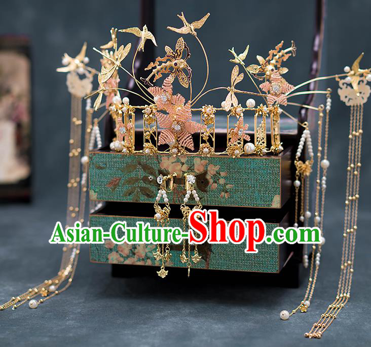 Chinese Ancient Palace Hair Accessories Hairpins Traditional Bride Golden Dragonfly Phoenix Coronet for Women