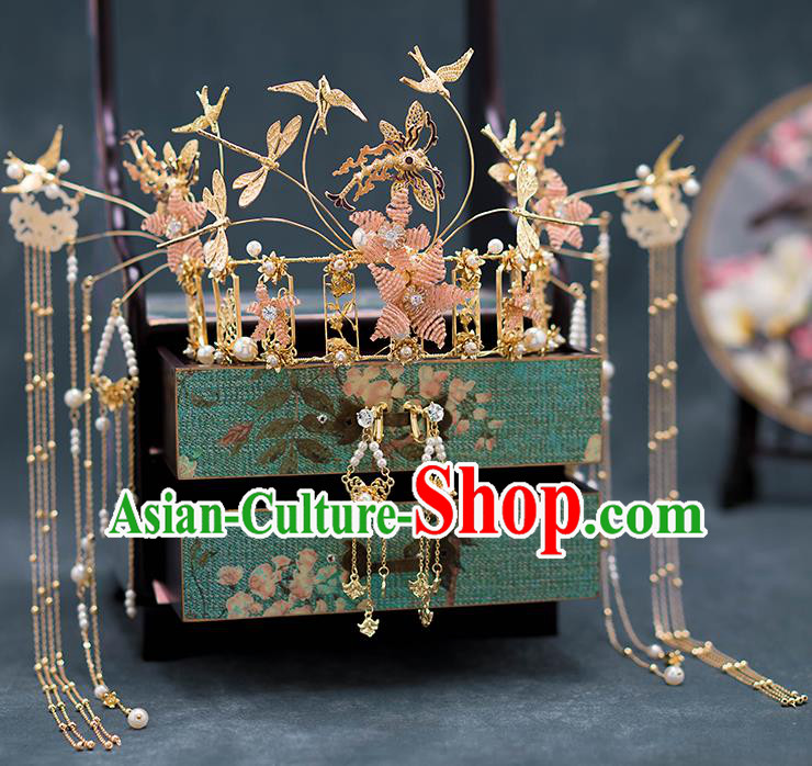 Chinese Ancient Palace Hair Accessories Hairpins Traditional Bride Golden Dragonfly Phoenix Coronet for Women