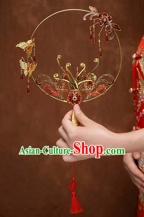 Chinese Traditional Wedding Cloisonne Red Round Fans Classical Ancient Bride Palace Fans for Women