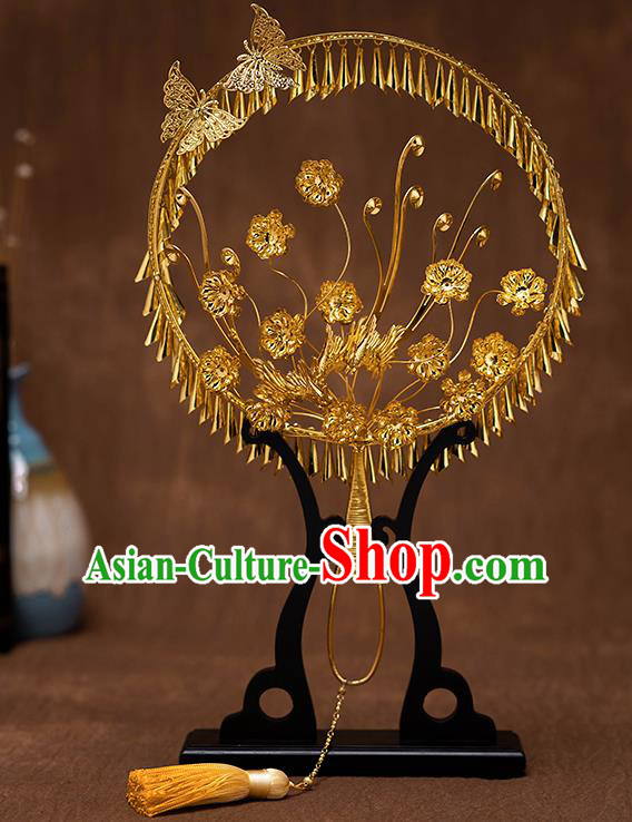 Chinese Traditional Wedding Golden Flowers Round Fans Classical Ancient Bride Palace Fans for Women
