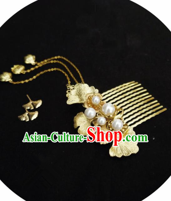 Chinese Ancient Hair Accessories Golden Ginkgo Hair Comb Traditional Bride Hanfu Hairpins for Women