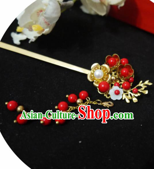 Chinese Ancient Hair Accessories Traditional Bride Hanfu Red Beads Tassel Hairpins for Women