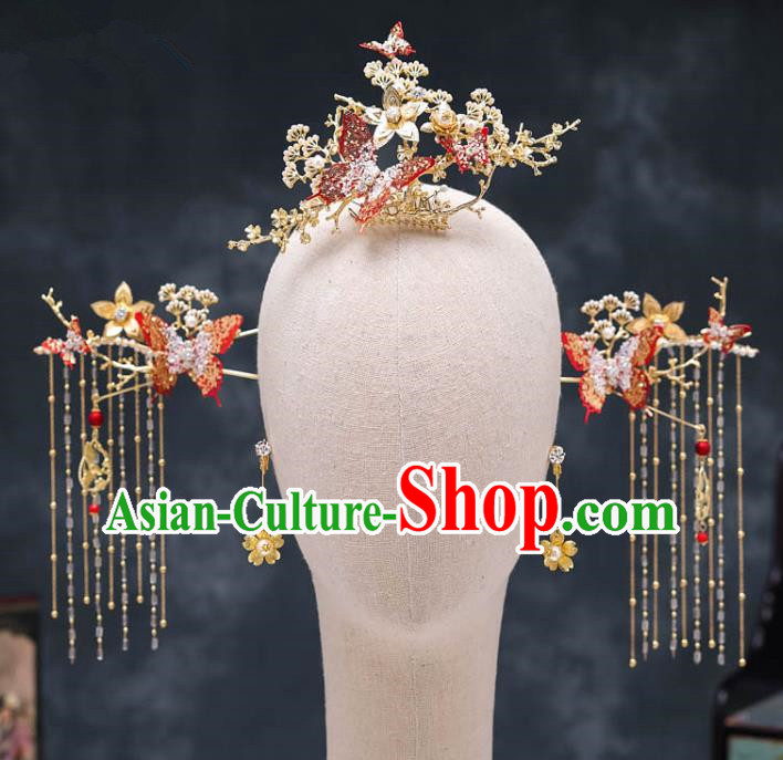 Chinese Ancient Palace Hair Accessories Hairpins Traditional Bride Red Crystal Butterfly Phoenix Coronet for Women